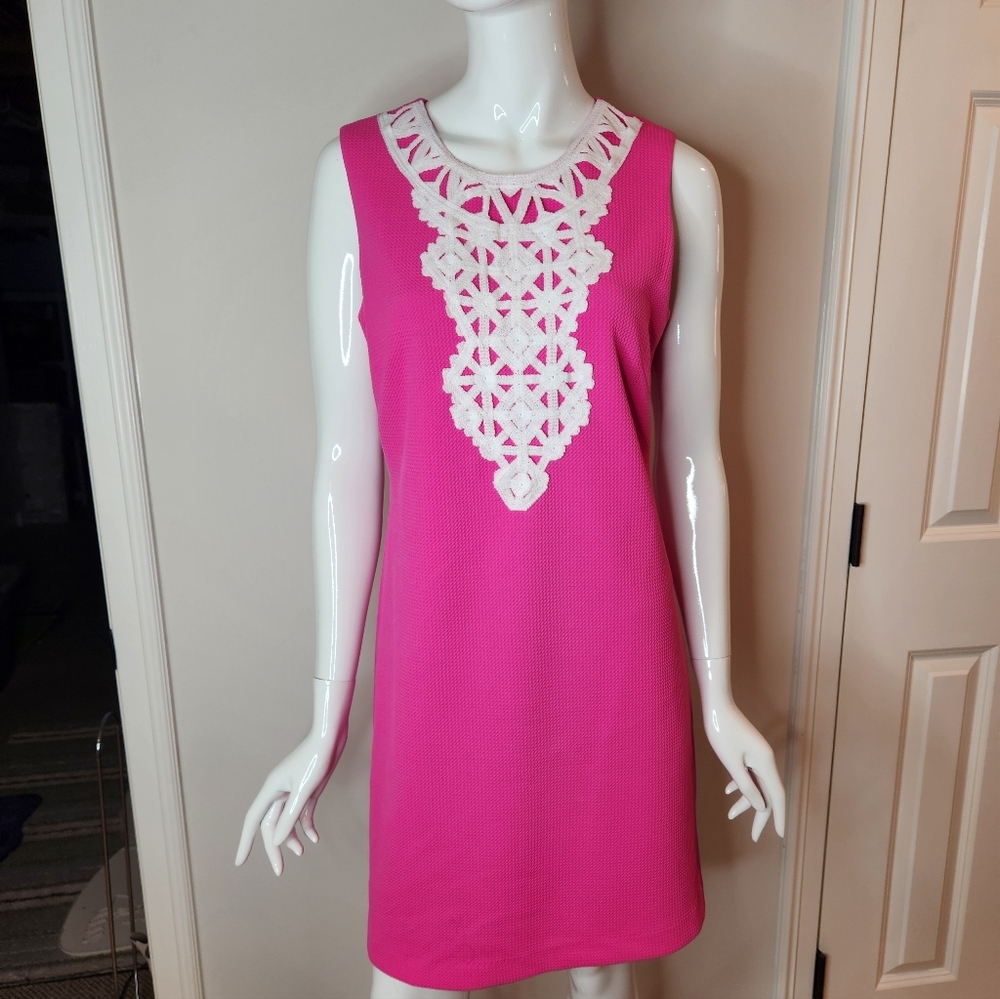 Jessica Howard Hot Pink Sleeveless Shift Dress with White Lace Bib